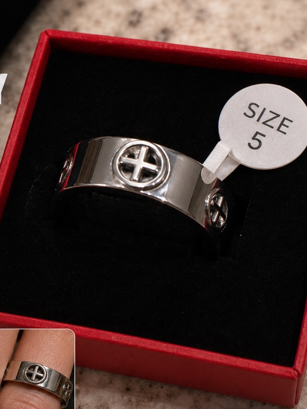 Silver-Tone Women's Cross Accent Band Ring